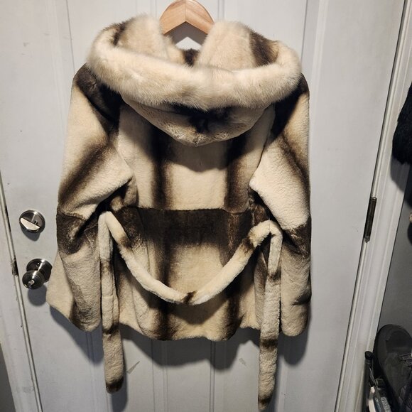 Handmade Jackets & Blazers - Womens Large Hooded Sheared Rex Rabbit Fur Jacket with Mink Fur Hood and Collar